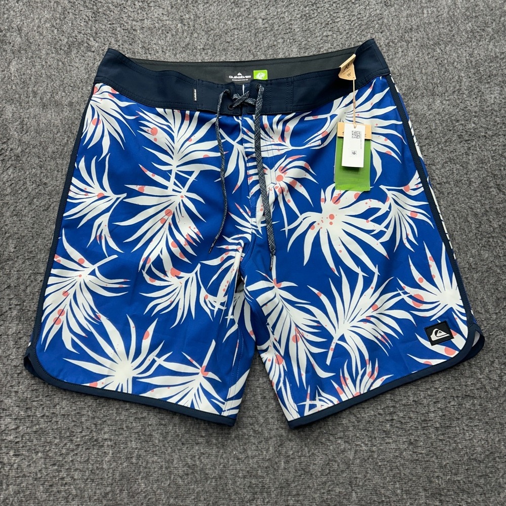Quiksilver Board Shorts Mid Length 33 x 19" Swim Mens Trunks Blue Leaves
